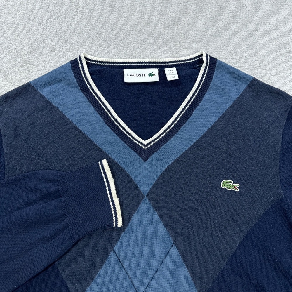 Lacoste Sweater Mens Medium Navy Blue Argyle V-Neck Cotton Logo Pullover Tennis